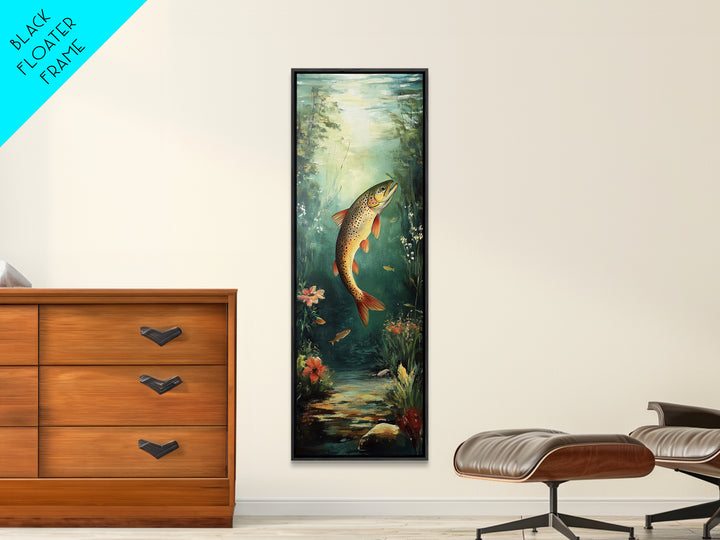 Underwater Trout Scene Canvas Print Rustic Wall Art Fly Fishing Art Wildflower Painting Skinny Art Vertical Rustic Decor