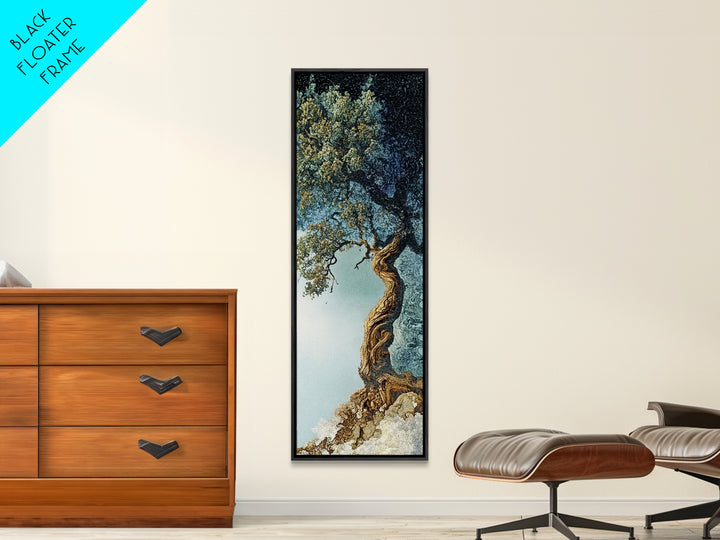 Detailed Oak Tree Framed Canvas Print in Textured Earth Tones, Tall Narrow Wall Art for Living Room or Bedroom Rustic Decor