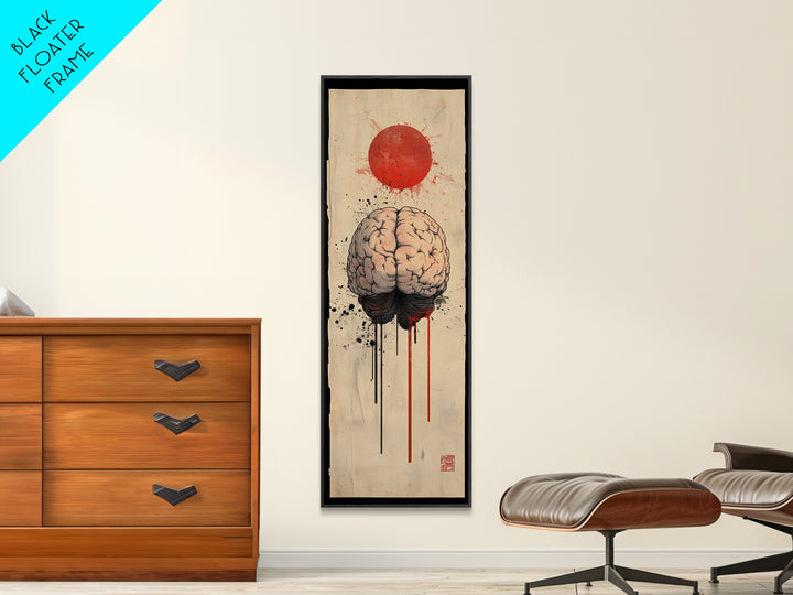 Red Sun Brain Framed Canvas Print, Abstract Science Wall Art, Moody Therapy Artwork, Vertical Wabi Sabi Decor, Living Room Art
