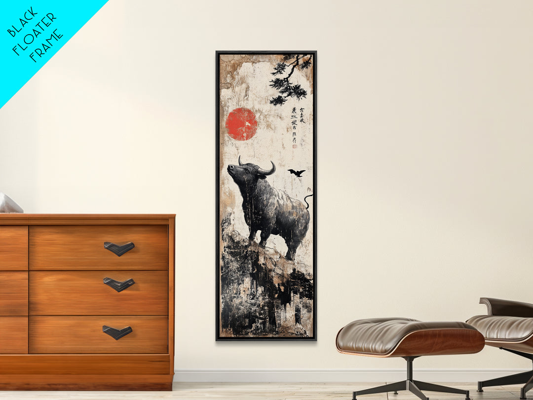 Rustic Buffalo Art Canvas Print, Wabi Sabi Minimalist Decor, Red Sun Vertical Art, Farmhouse Living Room Rustic Wall Artwork