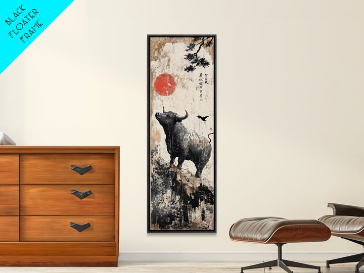 Rustic Buffalo Art Canvas Print, Wabi Sabi Minimalist Decor, Red Sun Vertical Art, Farmhouse Living Room Rustic Wall Artwork