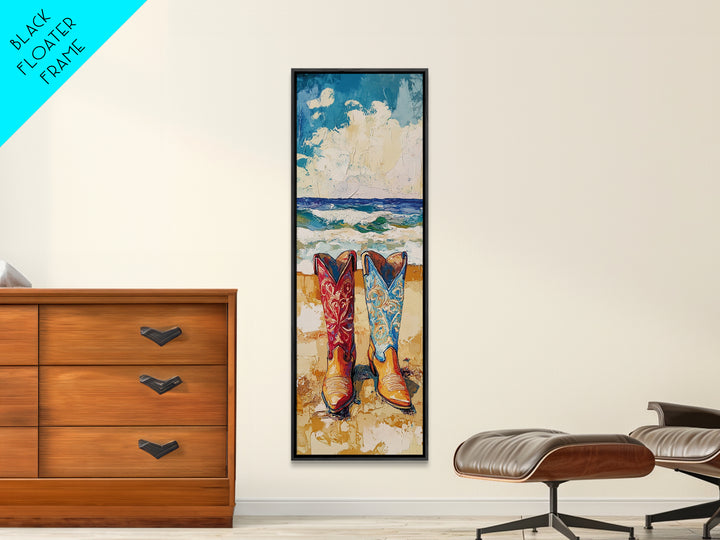 Coastal Cowgirl Boots Canvas Print, Vibrant Red and Blue Cowboy Boots on Beach with Ocean Waves, Coastal Wall Art, Nautical Decor, Gift Idea