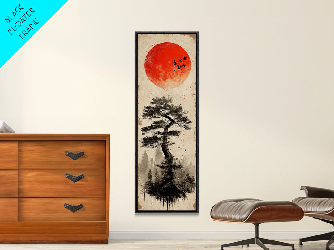 Bold Red Sun Pine Tree Framed Canvas Print Japanese Inspired Minimalist Wall Art Rustic Zen Decor Unique Vertical Nature Artwork
