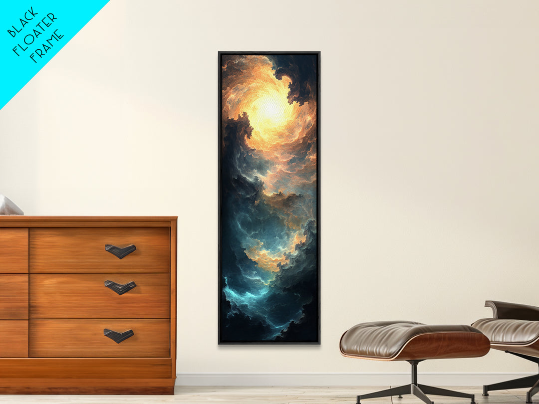 Celestial Abstract Landscape Framed Canvas Print Moody Horizontal Wall Art Blue and Gold Living Room or Bedroom Decor