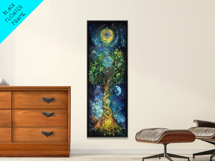 Celestial Tree Canvas Print With Cosmic Sacred Geometry Art, Whimsical Night Sky Scene, Panoramic Art Ideal Above Sofa Wall Decor