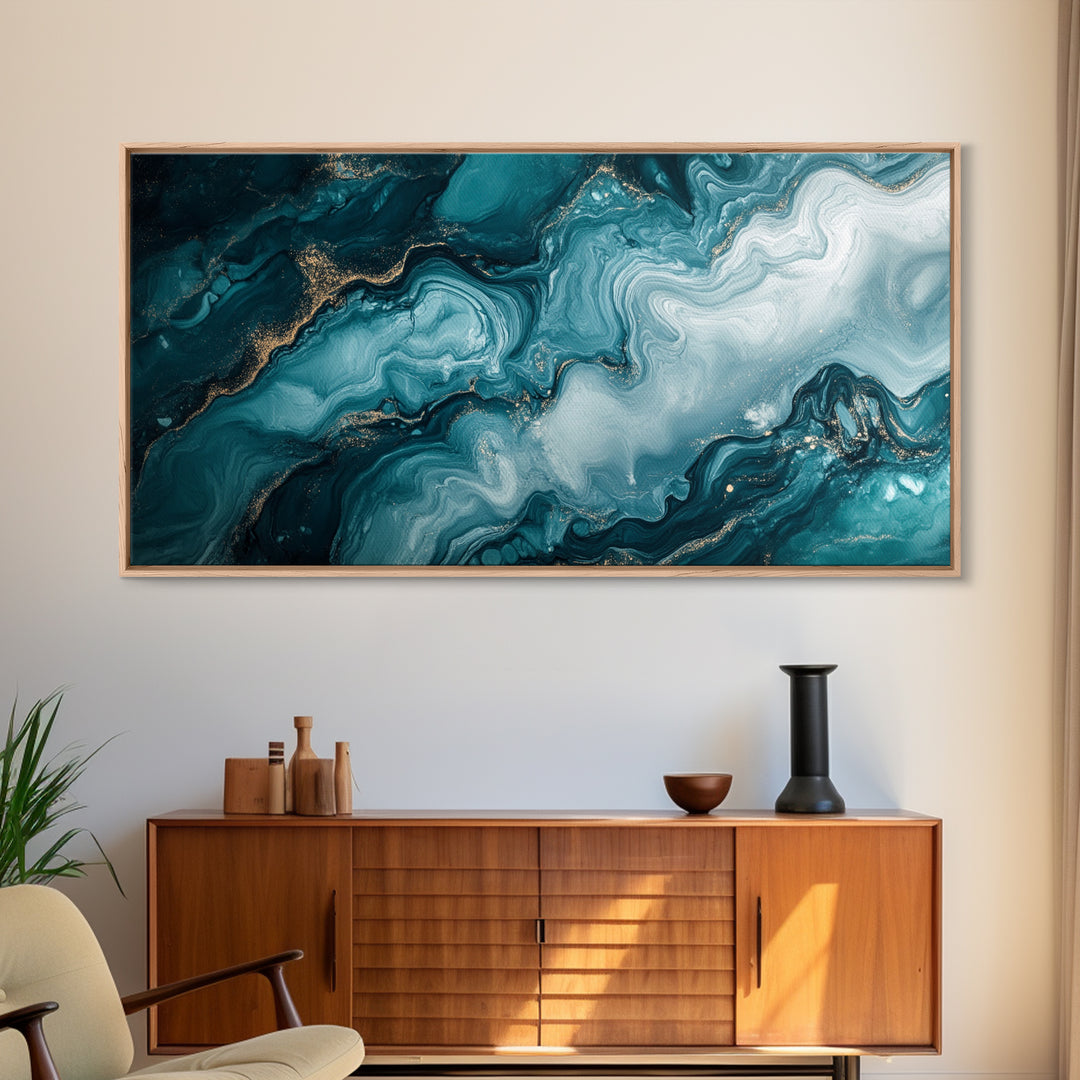 Abstract Teal Fluid Art Canvas Print, Coastal Wall Art, Teal Wall Art, Nautical Decor, Moody Art, Coastal Decor, Living Room Art, Gift Idea