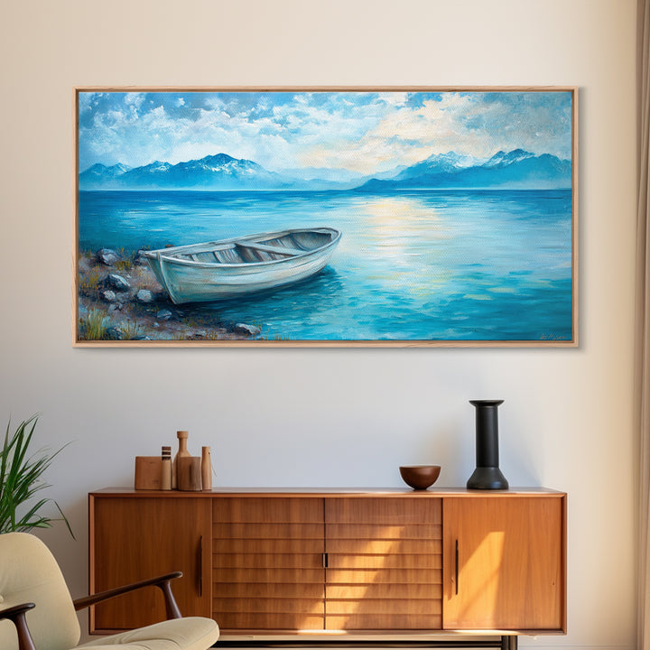 Boat on Tranquil Lake Canvas Print Coastal Landscape Art Nautical Wall Art Rustic Decor Above Sofa Artwork Bedroom Art Original Painting