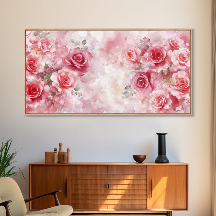 Romantic Rose Painting Framed Canvas Print Featuring Rose Painting and Pink Wall Art Botanical Prints Rustic Art Living Room Decor
