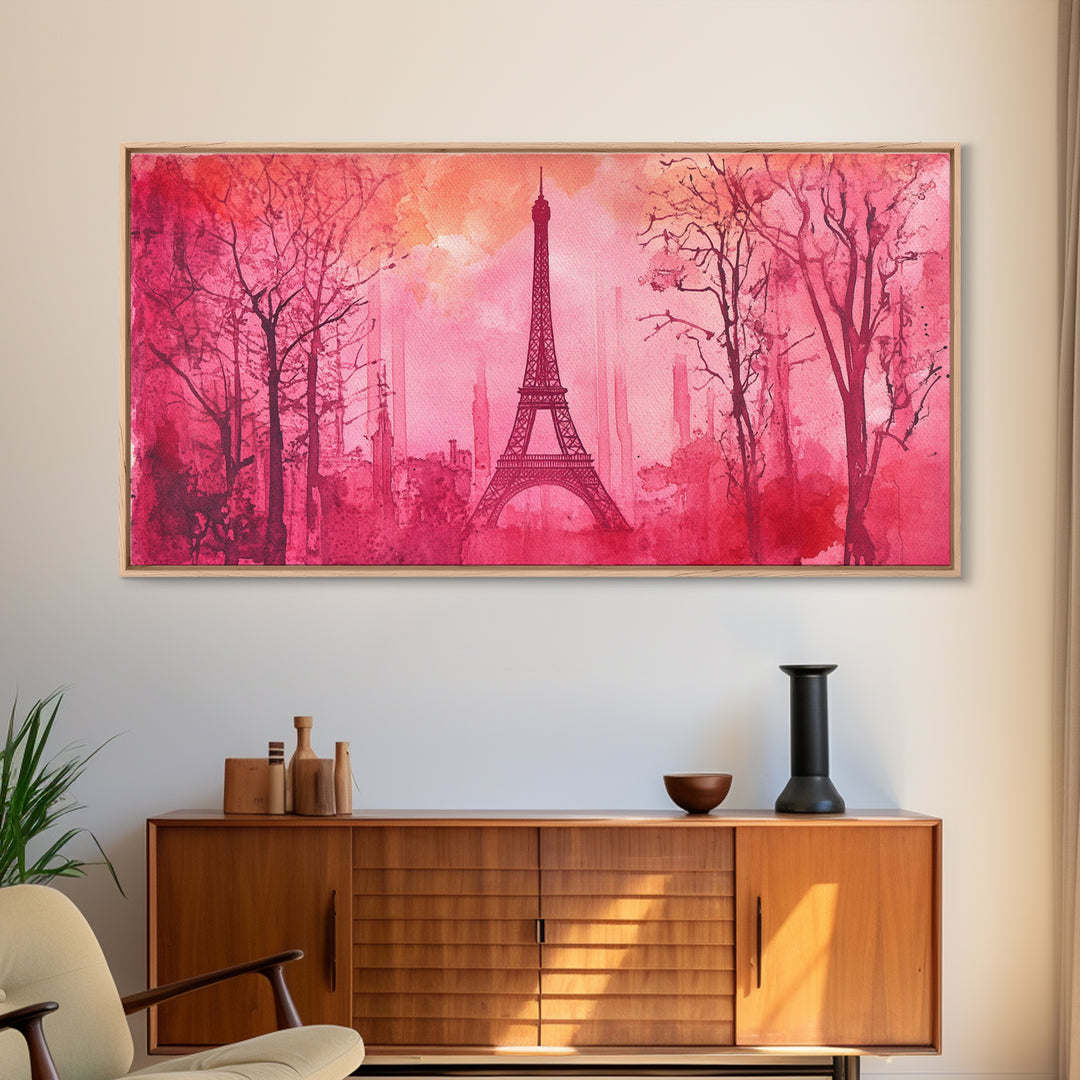 Eiffel Tower Painting Framed Canvas Print, Paris Pink Wall Art Romantic Decor, Horizontal Wall Art Living Room Rustic Gift Idea