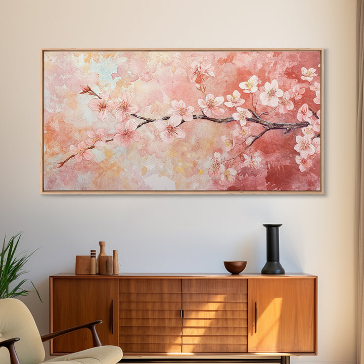 Cherry Blossom Painting Framed Canvas Print, Light Pink Wall Art Living Room Decor, Horizontal Wall Art Rustic Art Gift Idea for Her
