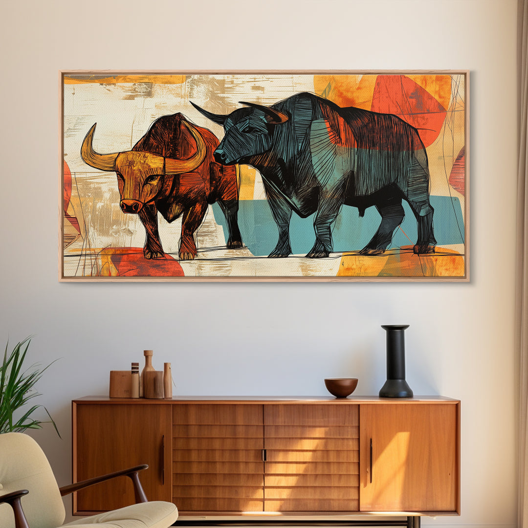Abstract Bull Duo Framed Canvas Print Rustic Wall Art Geometric Bull Art Living Room Decor Bull and Bear Art Rustic Farmhouse Art