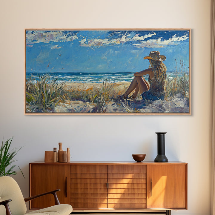 Coastal Cowgirl Framed Canvas Print Coastal Landscape Art Nautical Decor Ocean View Art Horizontal Wall Art Above Bed Wall Art