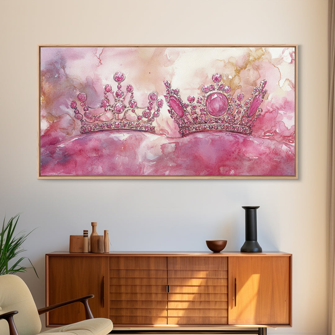 Royal Crown Canvas Print, Pink Jewel Artwork, Glamorous Feminine Style, Bedroom Wall Decor, Princess Themed Whimsical Art Gift Idea