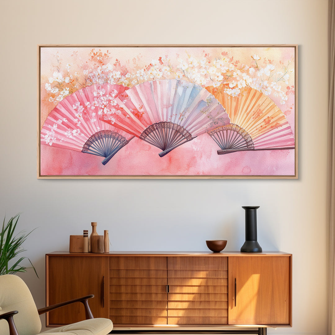 Cherry Blossom Fan Canvas Print Japanese Inspired Art Framed Pink Orange Wall Art Long Narrow Skinny Bedroom Rustic Spring Decor