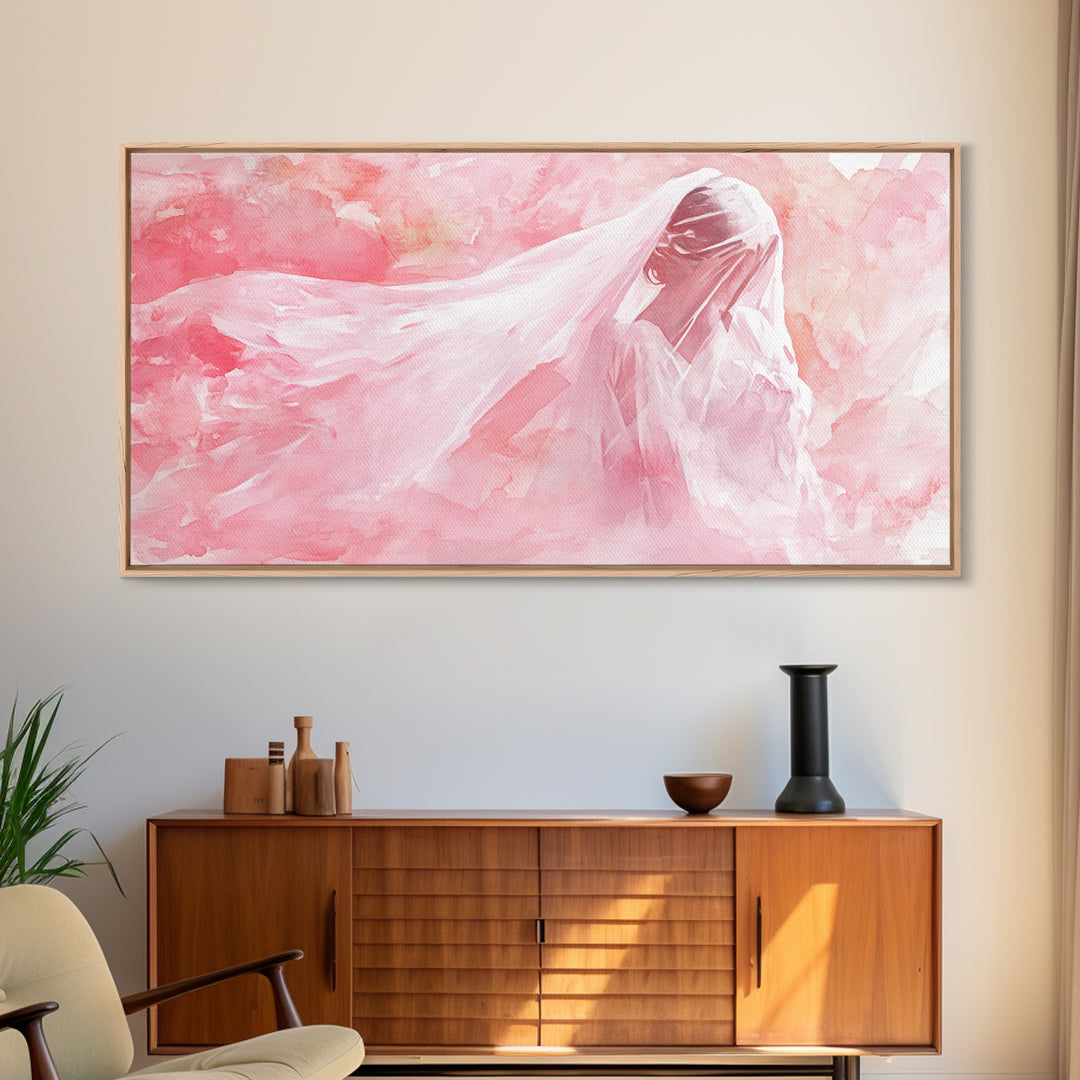 Delicate Veiled Woman Canvas Print Light Pink Wall Art Feminine Minimalist Art Bedroom Decor Above Bed Boho Art Gift Idea