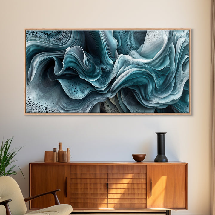 Blue Textured Wave Art Framed Canvas Print, Geometric Wall Art, Abstract Coastal Art, Sage Green Wall Art, Bedroom Art, Vertical Wall Art