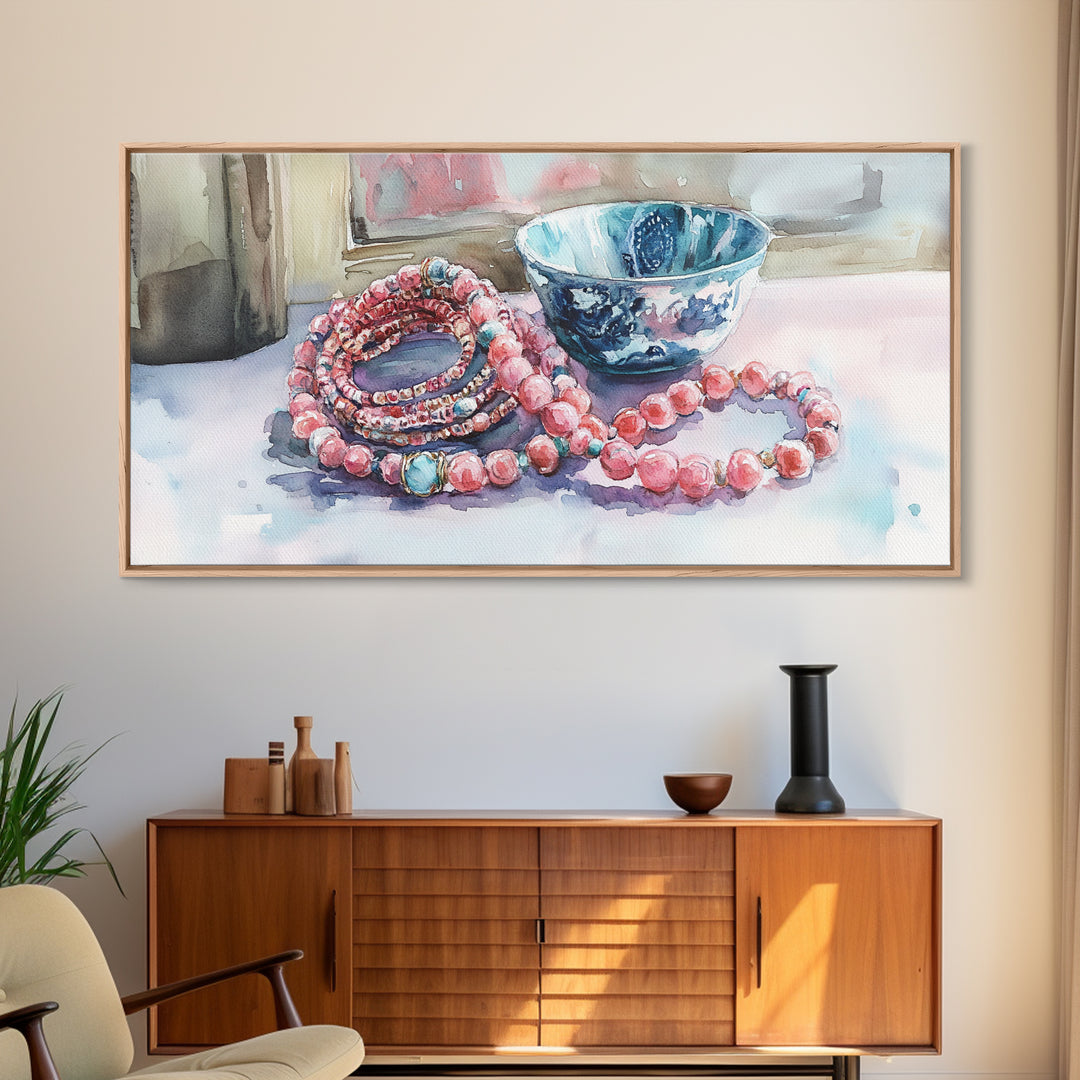 Beaded Necklace Canvas Print | Whimsical Boho Jewelry Wall Art | Pink and Blue Pastel Artwork | Feminine Room Decor | Gift Idea for Her