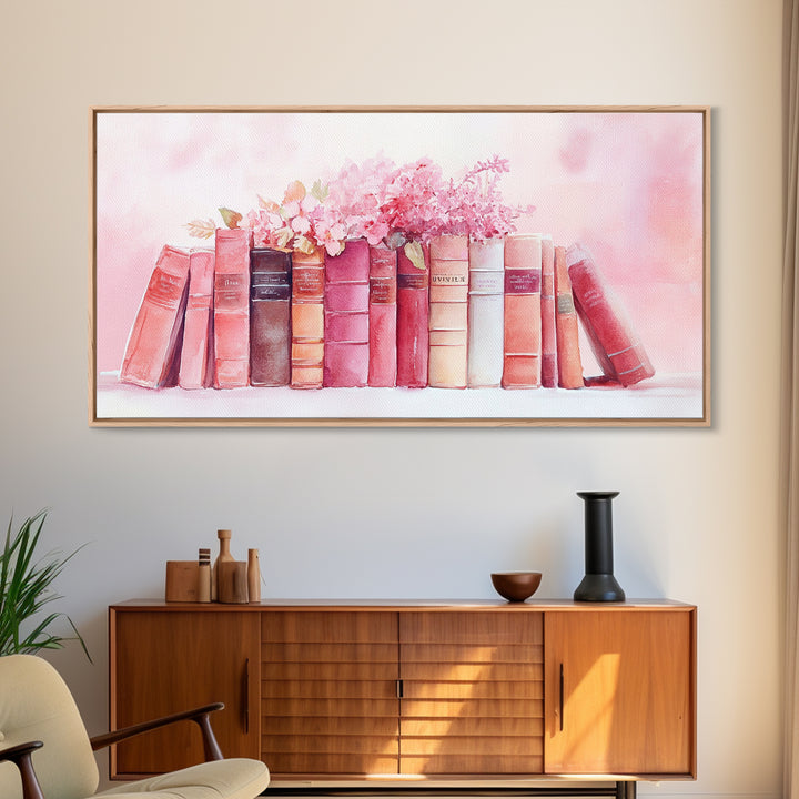 Vintage Book Stack Canvas Print | Botanical Pastel Wall Art | Cottagecore Library Decor | Feminine Reading Room Artwork | Gift Idea for Her