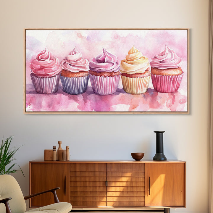 Cupcake Row Canvas Print | Whimsical Sweet Treats Wall Art | Kitchen Dessert Artwork | Pastel Food Lover's Decor | Light Pink Whimsical Art
