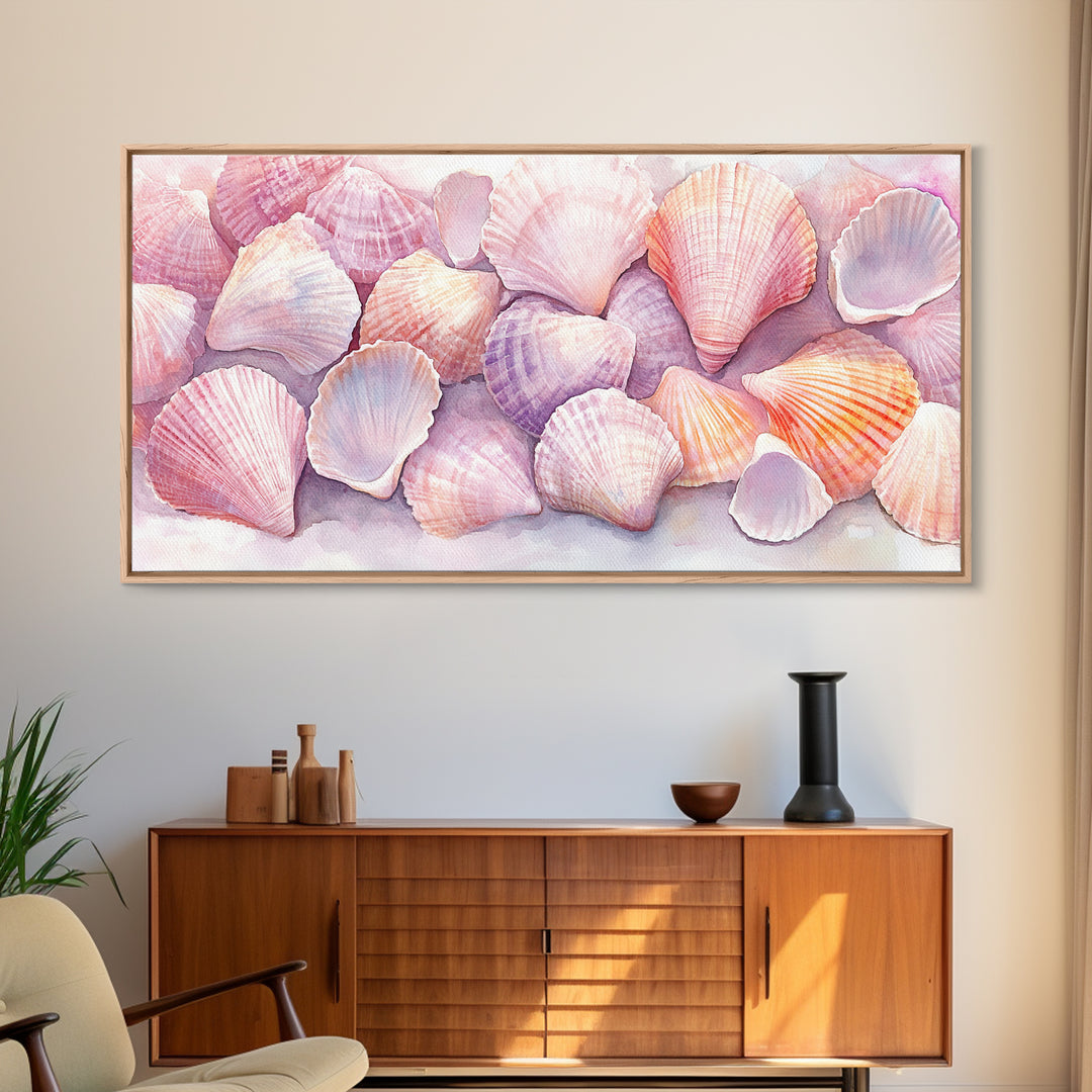 Coastal Seashell Canvas Print, Nautical Wall Art, Coastal Decor, Rustic Beach Art, Light Pink Shell Painting, Coastal Landscape Art Gift
