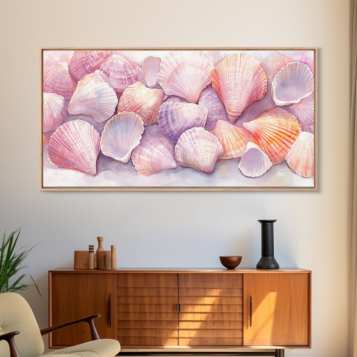 Coastal Seashell Canvas Print, Nautical Wall Art, Coastal Decor, Rustic Beach Art, Light Pink Shell Painting, Coastal Landscape Art Gift