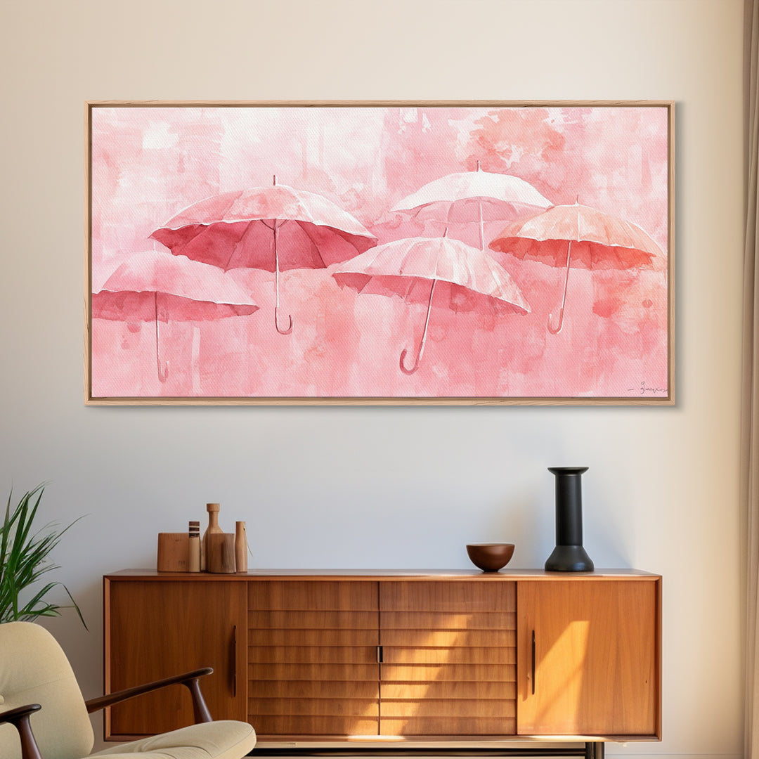 Umbrella Art Canvas Print, Light Pink Wall Art, Minimalist Decor Piece, Coastal Cowgirl Home Accent, Whimsical Abstract Art Gift Idea