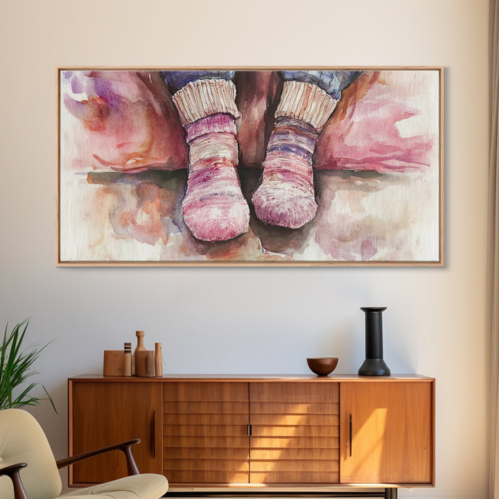Cozy Socks Canvas Print, Rustic Light Pink and Warm Toned Painting, Whimsical Art as Fall Decor for Bedroom or Lounge Area