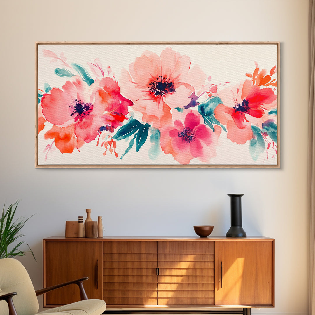 Bright Wildflower Canvas Print | Pink Orange Botanical Art | Nature Inspired Wall Decor | Living Room Framed Artwork | Unique Gift Idea