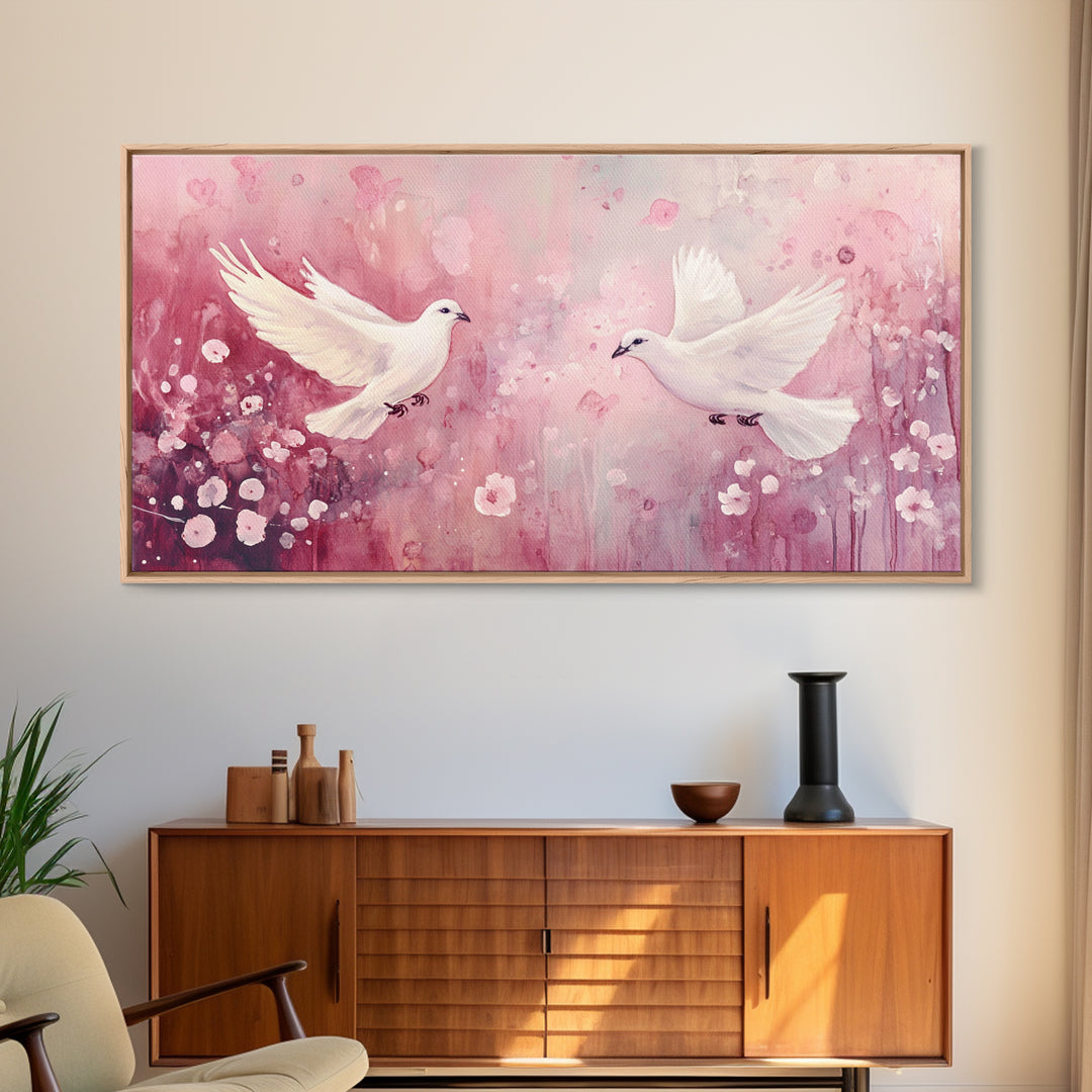 Romantic Doves Framed Canvas Print, Whimsical Pink and White Wall Art, Cherry Blossom Painting, Bedroom or Living Room Gift Idea