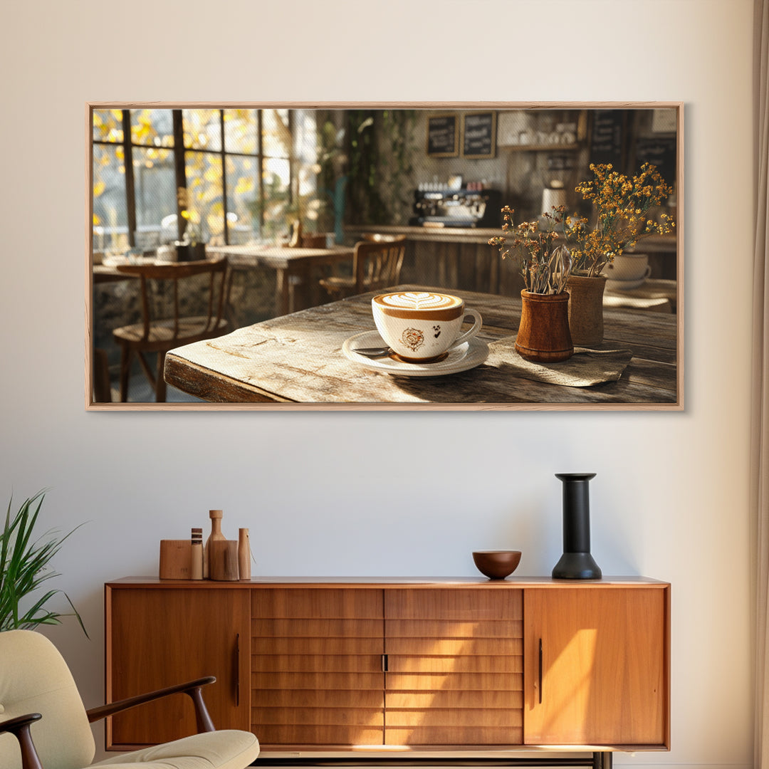 Cozy Cafe Latte Framed Canvas Print - Coffee Wall Art Kitchen Decor - Rustic Farmhouse Style Food Review Art - Gift Idea Her