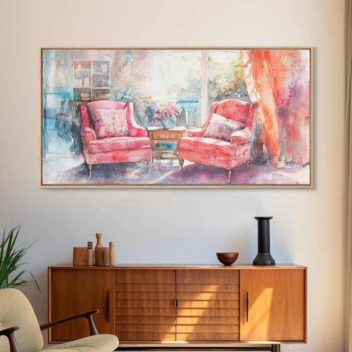 Cozy Armchair Canvas Print | Farmhouse Living Room Wall Art | Rustic Decor | Framed Canvas Print Gift Idea | Above Couch Pink Art