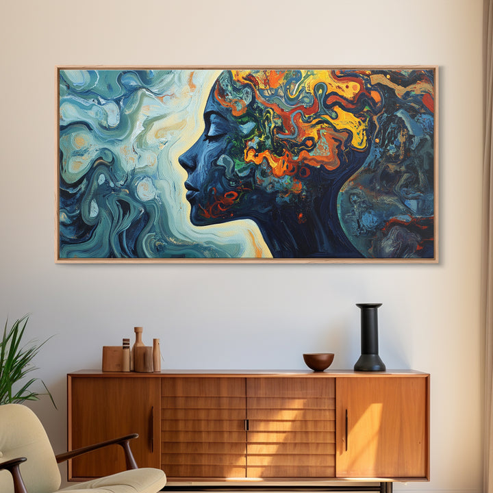 Abstract Woman Mind Framed Canvas Print - Artistic Brain Art Therapy Decor - Blue and Green Geometric Wall Art Minimalist Style