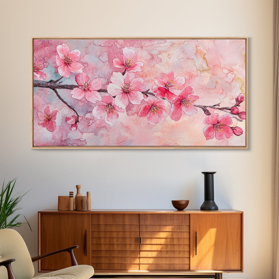 Cherry Blossom Branch Canvas Print | Cherry Blossom Painting, Light Pink Wall Art, Nature-Inspired Decor, Botanical Prints, Bedroom Art