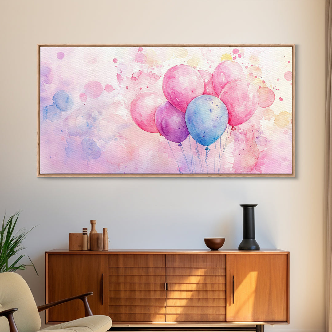 Balloon Cluster Canvas Print | Whimsical Art, Light Pink and Blue Wall Art, Birthday Decor, Pastel Wall Art, Playroom Art, Living Room Decor