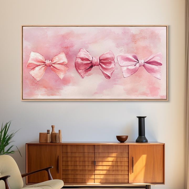 Bow Tie Trio Painting with Pink Orange Wall Art Aesthetic Framed Canvas Print, Whimsical Art Bedroom or Living Room Decor