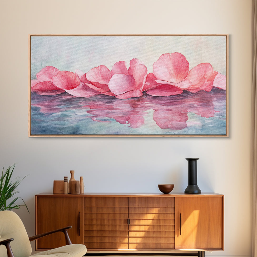 Delicate Rose Petals Reflected in Water Pink Wall Art on Framed Canvas Print, Romantic Bedroom or Living Room Accent Art