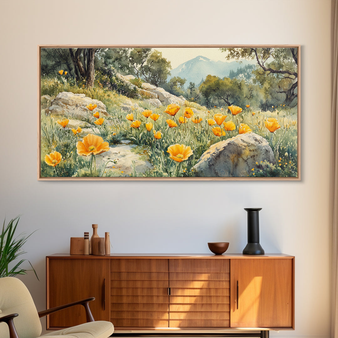 California Poppy Art Landscape Framed Canvas Print Wildflower Wall Art Rustic Decor Above Sofa Living Room Art Gift Idea