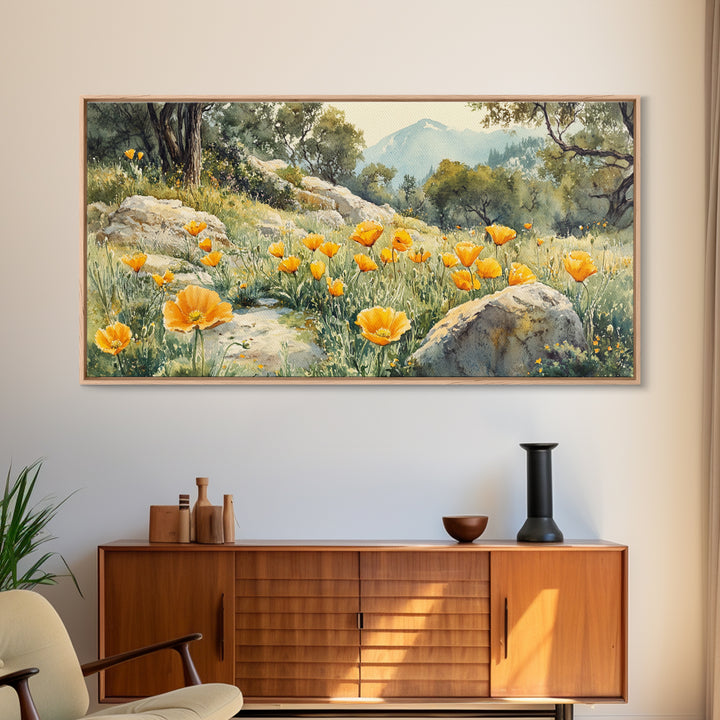 California Poppy Art Landscape Framed Canvas Print Wildflower Wall Art Rustic Decor Above Sofa Living Room Art Gift Idea