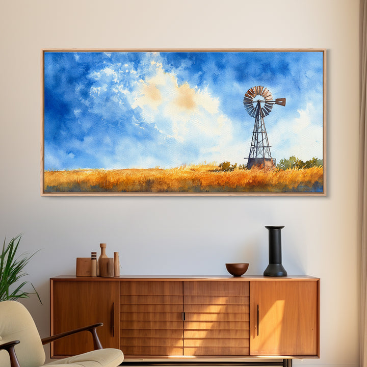 Bright Blue Sky Windmill Framed Canvas Print Rustic Farmhouse Art Horizontal Artwork Ideal Above Sofa Unique Living Room Wall Decor