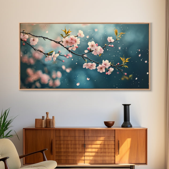 Blossoming Cherry Branch Framed Canvas Print Japanese Style Rustic Decor Great Gift Idea Botanical Prints Beautiful Bedroom Wall Art