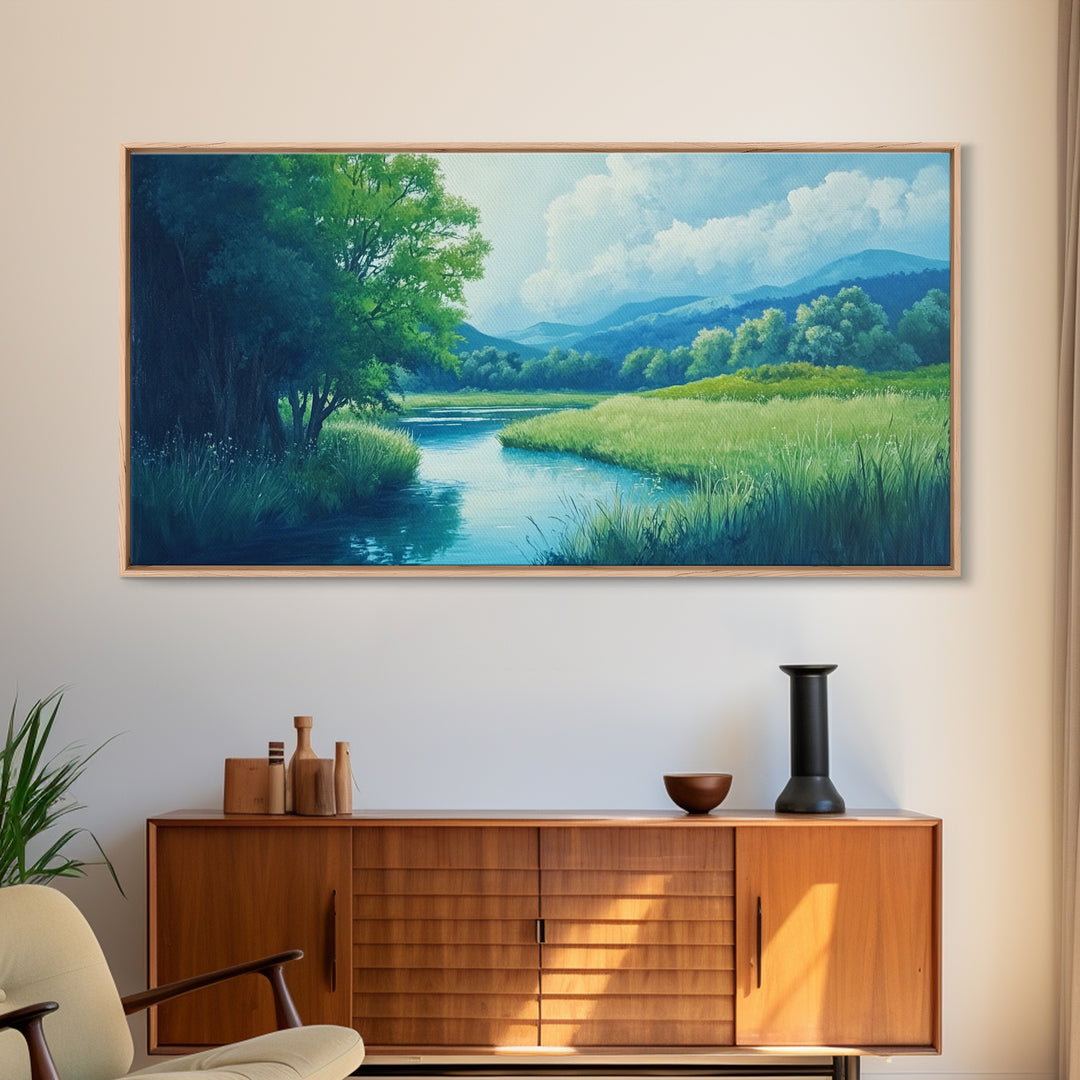 Canvas Print of Serene Green Valley and River Landscape, Rustic Wall Art, Gift Idea for Nature Lovers and Rustic Home Decor