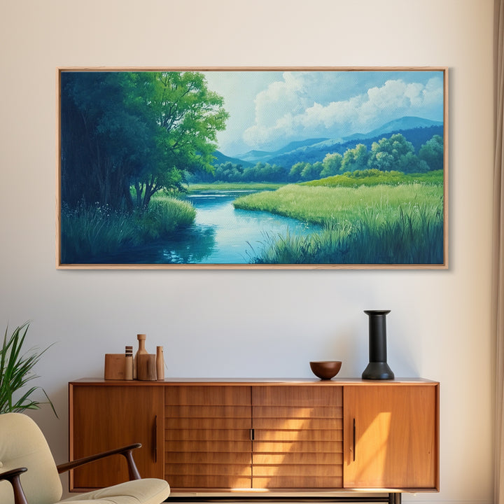 Canvas Print of Serene Green Valley and River Landscape, Rustic Wall Art, Gift Idea for Nature Lovers and Rustic Home Decor