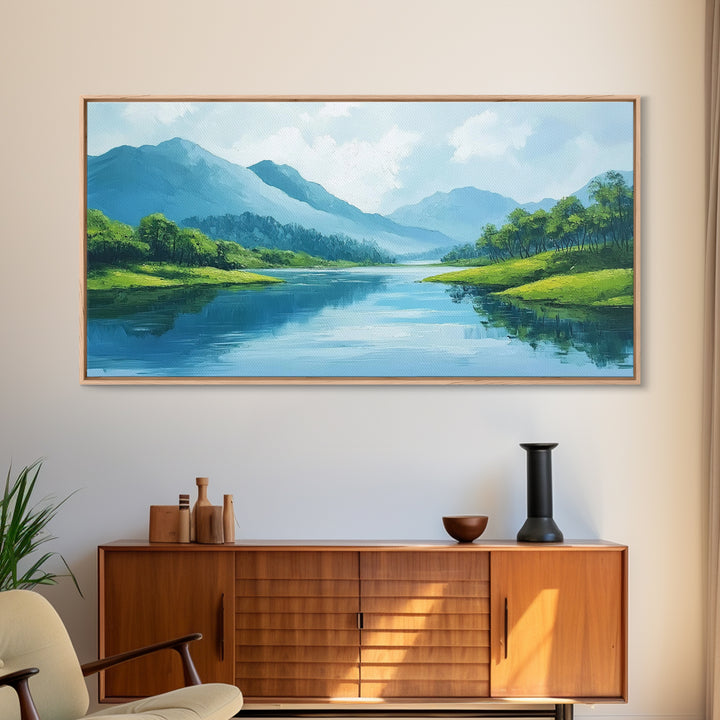 Blue Landscape Framed Canvas Print, Smoky Mountain Art Above Sofa Decor, Coastal Painting Gift Idea Living Room Horizontal Wall Art