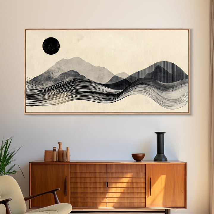 Abstract Mountain Landscape Framed Canvas Print, Wabi Sabi Wall Art Minimalist Decor, Rustic Line Art Idea Bedroom Artwork Vertical Design