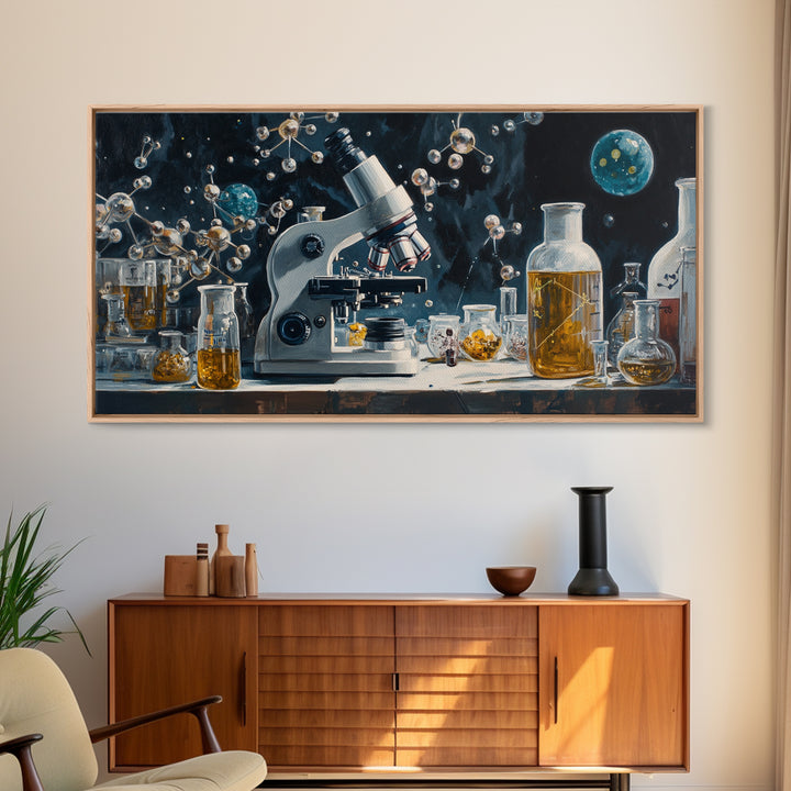 Science Art Framed Canvas Print, Microscope Molecular Wall Decor, Unique Therapy Art, Coastal Modern Living Room Art Gift Idea