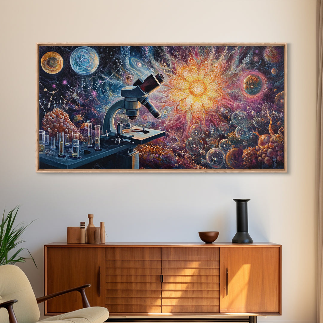 Zen Science Art Framed Canvas Print, Molecular Cosmos Microscope Painting, Moody Therapy Wall Decor, Above Sofa Living Room Art