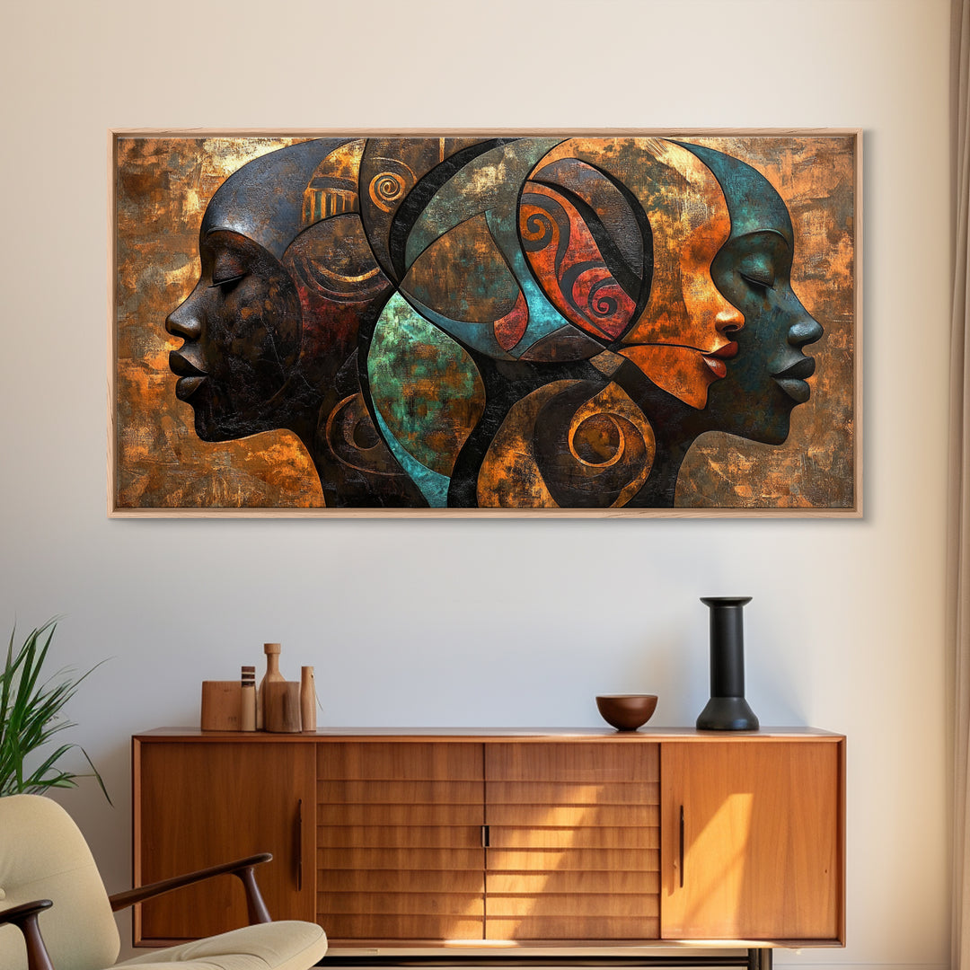 Abstract African Faces Framed Canvas Print, Afrocentric Wall Decor, Moody African Art, Geometric Bold Bedroom Art Gift Idea