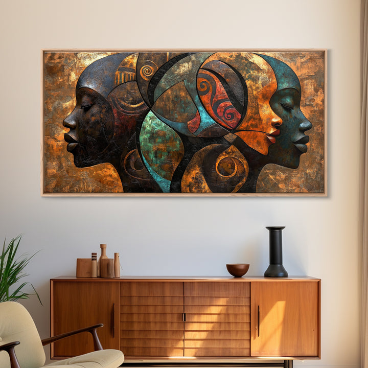 Abstract African Faces Framed Canvas Print, Afrocentric Wall Decor, Moody African Art, Geometric Bold Bedroom Art Gift Idea
