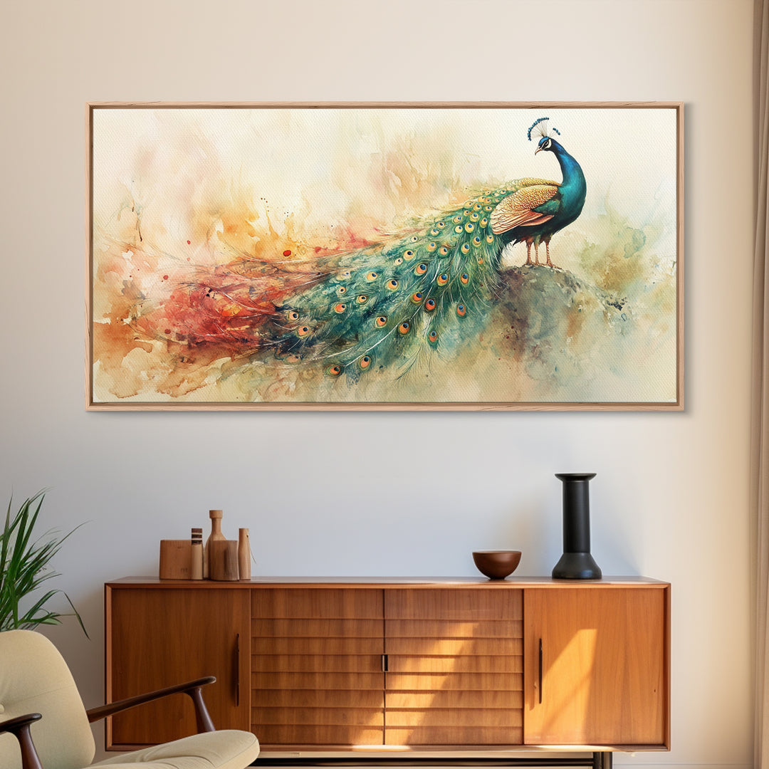 Elegant Peacock Wall Art Canvas Print, Colorful Wildlife Painting, Moody Therapy Art, Unique Bedroom Decor Gift Idea, Botanical Prints