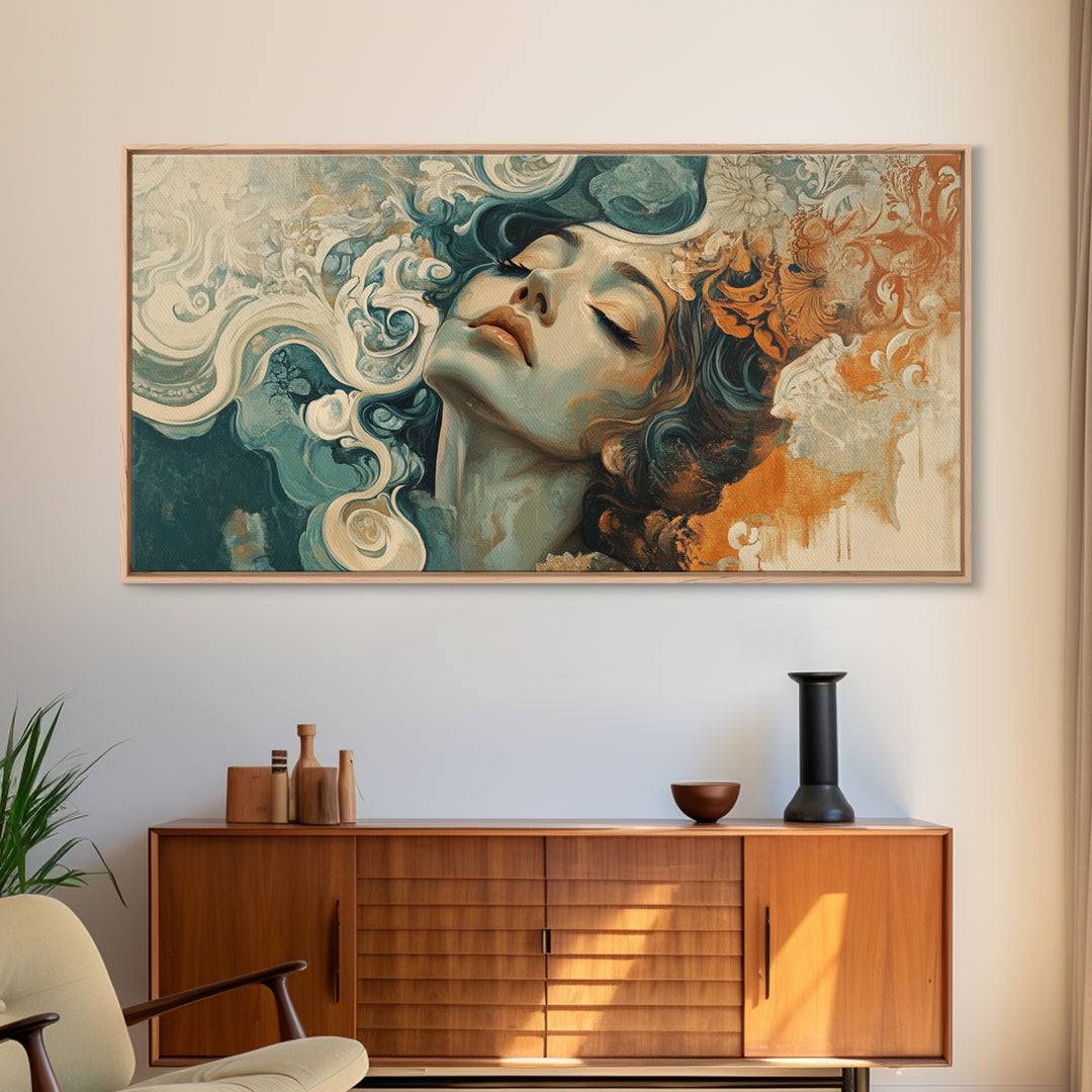 Art Nouveau Framed Canvas Print Featuring Goddess Art and Botanical Prints Beautiful Feminine Inspired Bedroom or Guest Room Art